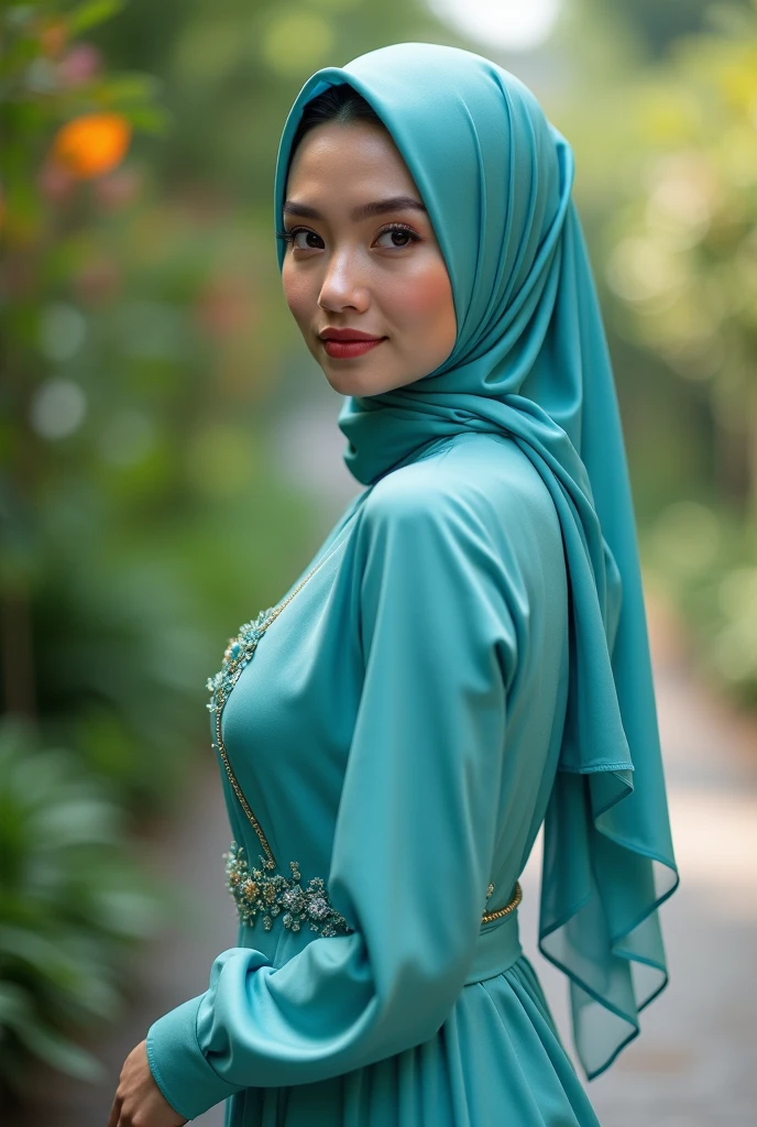 ( Close Up),RAW, Best quality, high resolution, masterpiece: 1.3), beautiful Malay woman in hijab,Masterpiece, perfect fit body, big breast,big gorgeous eyes, Soft smile,beutiful face,thick thighs,Close Up),RAW, Best quality, high resolution, masterpiece: 1.3), beautiful Malay woman in hijab,Masterpiece, perfect fit body, big breast,big gorgeous eyes, Soft smile,beutiful face,thick thighs, close up of a woman wearing a blue dress and a scarf, turqouise, long dress with apron, long dress female, with teal clothes, turquoise, belly free teal dress, idian dress, icey blue dress, modest flowing gown, teal tunic, flowing aqua silk, blue tunic, sky - blue dress, dress in voile, dressed thobe, long tunic,big round buttocks, from behind, (looking at the audience, looking back, facial details, double eyelids, smiling),(sweet smile:1.1), (Delicate turtleneck) , shairband, afternoon walk, City garden, Excellent lighting, Bright colors, Clean lines, close up of a woman wearing a blue dress and a scarf, turqouise, long dress with apron, long dress female, with teal clothes, turquoise, belly free teal dress, icey blue dress, modest flowing gown, teal tunic, flowing aqua silk, blue tunic, sky - blue dress, dress in voile, dressed thobe, long tunic,big round buttocks, beutifull buttocks, from behind, (looking at the audience, looking back, facial details, double eyelids, smiling),(sweet smile:1.1), (Delicate turtleneck) , shairband, afternoon walk, City garden, Excellent lighting, Bright colors, Clean lines,