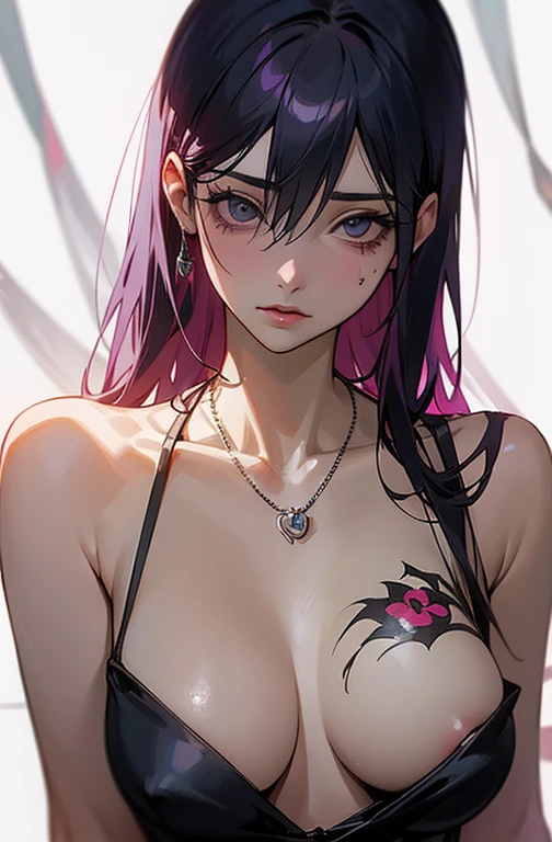Cool women、sexy、Center of chest、Rize from Chainsaw Man、beauty、Yandere、、Face close-up、Kiss with your eyes closed、Chest tattoo、Christian Dior Necklace、(Background white)、
