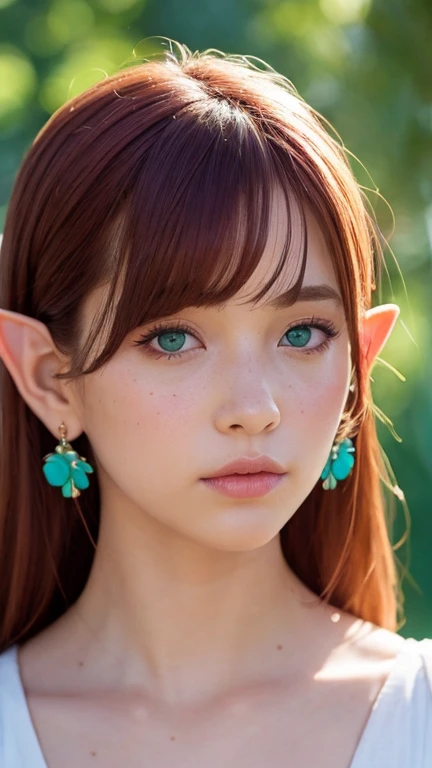 (watercolor: 1.2), Elf Princess, flower, freckle, Bangs, redhead, long hair, Green eyes, Hair between the eyes, flower earrings, Blurred background, High resolution
