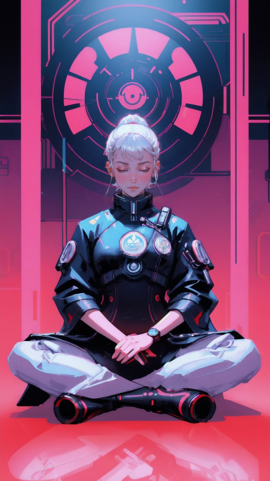 there is a beautigul cute girl sitting in a lotus position with a laptop, zen méditation cyberpunk, a cyborg meditating, in style of laurie greasley, in style of digital illustration, 🚀🚀🚀, laurie greasley, nft portrait, laurie greasley and james jean, illustration daily deviation, zen aesthetic, meditating, meditating in lotus position 