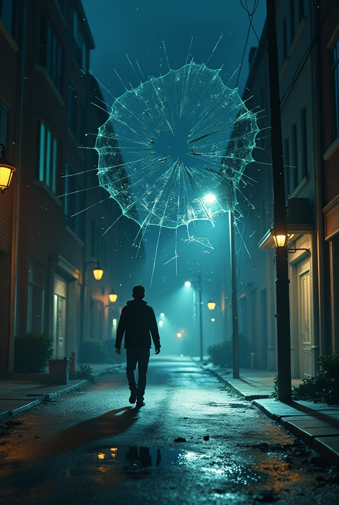 Shattered Glass: A broken mirror or window, symbolizing the destruction of trust or a fractured relationship. Pixar style Lonely Street at Night: One person walking alone on a dimly lit street, carrying the weight of anger and hatred.