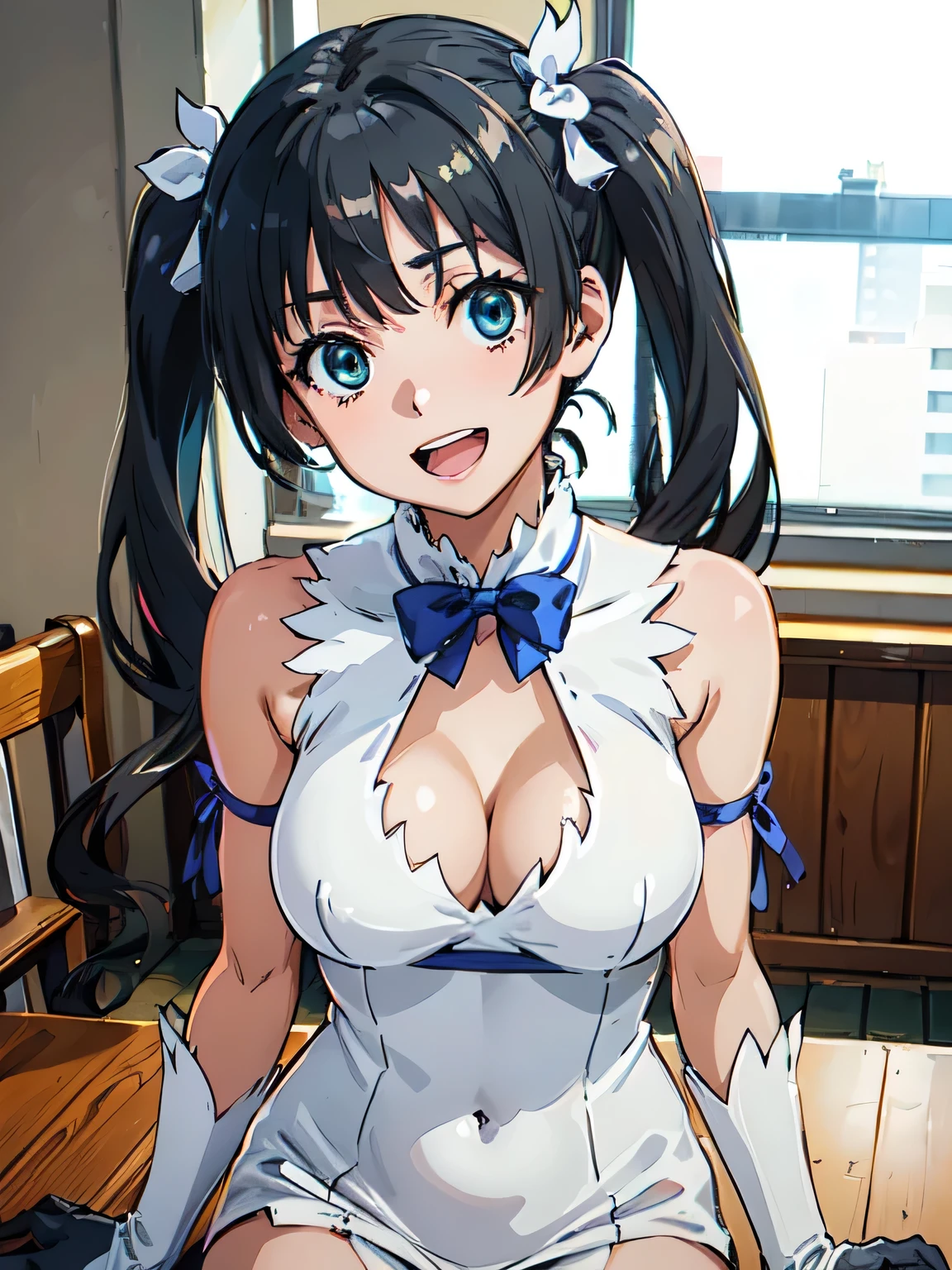  (High resolution:1.4), (masutepiece:1.2), (High quality:1.3) 1girl, saten ruiko, green eyes, long hair, black hair, small breast, (hestia, rei no himo, breasts, long hair, blue ribbon, twintails, gloves, ribbon, dress, rei no himo, large breasts, blue eyes, black hair, white gloves, cleavage, white dress, hair ribbon, bow, sleeveless, sleeveless dress, bangs, cleavage cutout, hair ornament, bowtie, clothing cutout, very long hair, covered navel, arm ribbon),, cinematic lighting,  pov, dynamic angle, open mouth, grin, comiket_cosplay_Hiroba comiket_cosplay, N4, nsfw, 