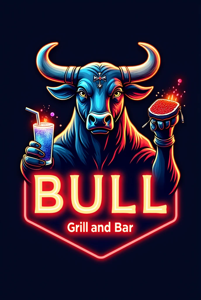 A modern and vibrant logo for the "Bull Gastrobar". In the middle, a stylized Texas-looking bull with prominent horns and accessories such as a nose ring, representing the grill and the strength of the establishment. The bull holds a cold cocktail in one hand and a steak in the other., highlighting the combination of culinary delicacies and drinks. The 3D design has predominant colors of red or blue, with elegant and neon typography for "BULL GRILL AND BAR", reflecting the relaxed atmosphere, festive and exciting place.