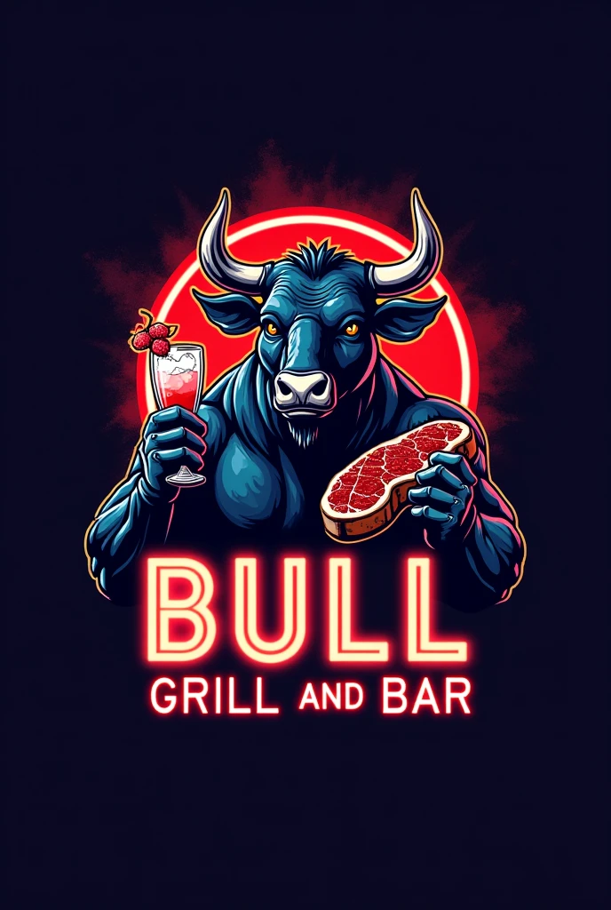 A modern and vibrant logo for the "Bull Gastrobar". In the middle, a stylized Texas-looking bull with prominent horns and accessories such as a nose ring, representing the grill and the strength of the establishment. The bull holds a cold cocktail in one hand and a steak in the other., highlighting the combination of culinary delicacies and drinks. The 3D design has predominant colors of red or blue, with elegant and neon typography for "BULL GRILL AND BAR", reflecting the relaxed atmosphere, festive and exciting place.
