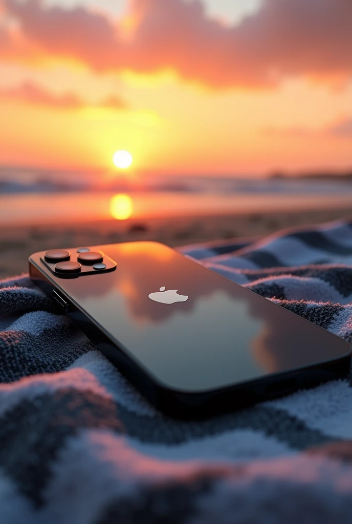 (photorealism: 1.2), realistic photo of the black iPhone 15 on a beach towel at sunset