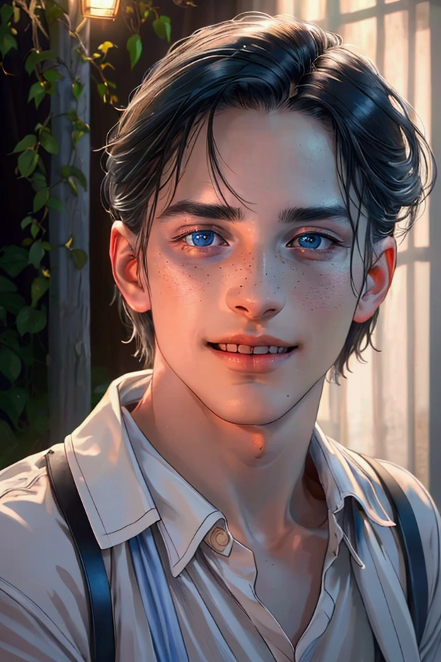 (of the highest quality,4k,8k,High resolution,masterpiece:1.2),Super detailed,(realist,photorealist,photo-realist:1.37),1 person,beautiful skin,White race, White skin, very handsome,Expressionless smile in love,short black hair,gray blue eyes,sharp eyes,A perfect face without a doubt,psychiatric, psychologist, 27 years, no expression marks, no wrinkles, young, fondo de jardin asilo psychiatric,cinema lighting,imagen hdr,Atar、