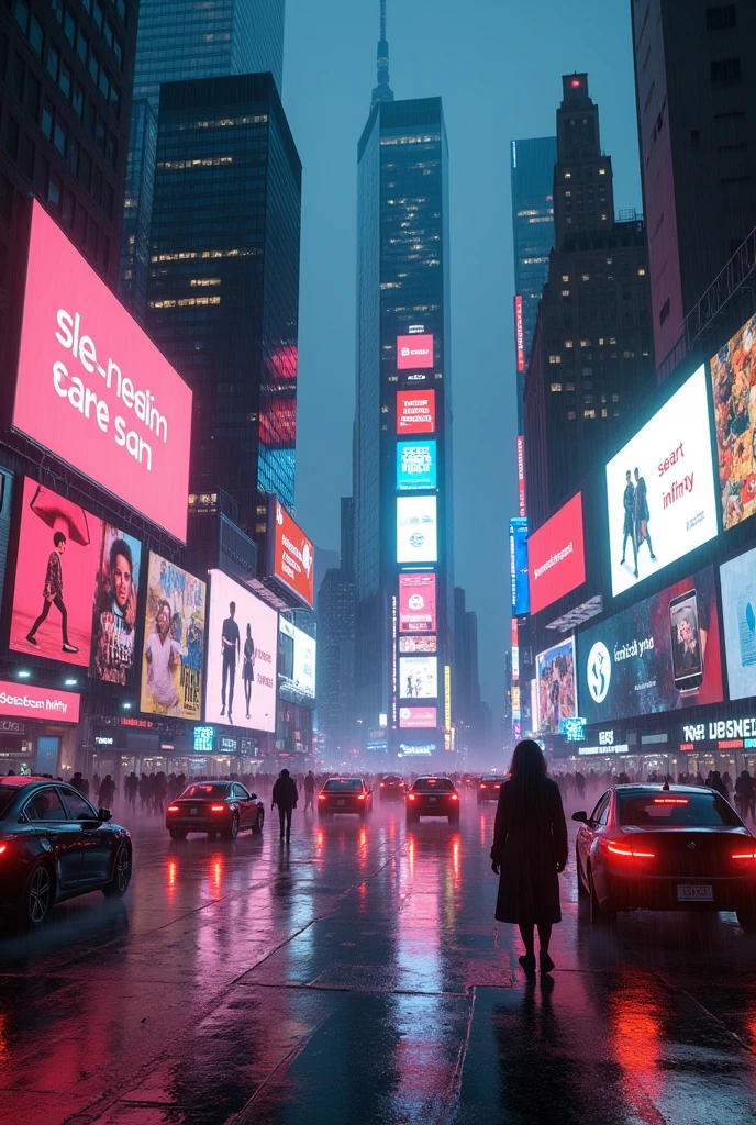Photographic grade，Movie quality，CG Wallpaper，Cyber Times Square in New York City in the rain，Few people，There are a lot of cars on the street and all the billboards have the same words."SeaArt Infinity"