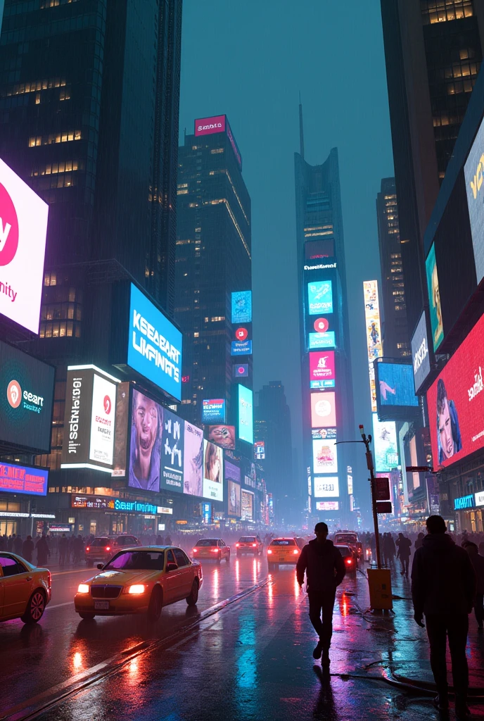 Photographic grade，Movie quality，CG Wallpaper，Cyber Times Square in New York City in the rain，Few people，There are a lot of cars on the street and all the billboards have the same words."SeaArt Infinity"