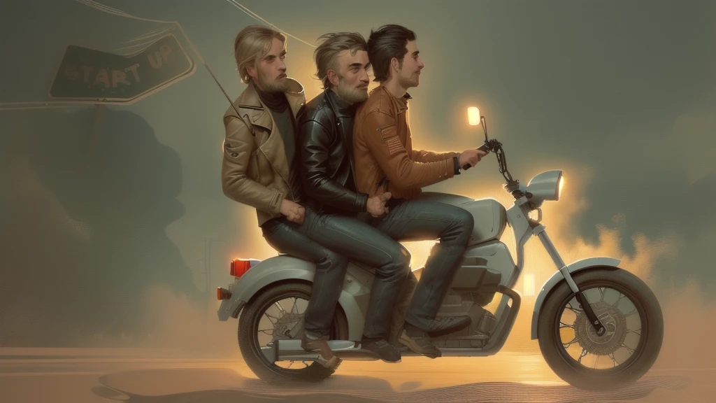 there are three men riding on a motorcycle with a sign, riding a motorcycle, sitting on a motorcycle, illustration”, wikihow illustration, flat illustration, riding a motorbike, moped, by Seb McKinnon, famous scene, riding on the moped scooter, illustration], commercial illustration, riding a futuristic motorcycle, humorous illustration, concept illustartion, concept illustration