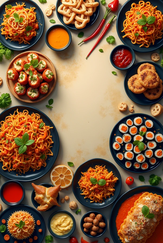 create a banner with various exotic food dishes, from different countries
