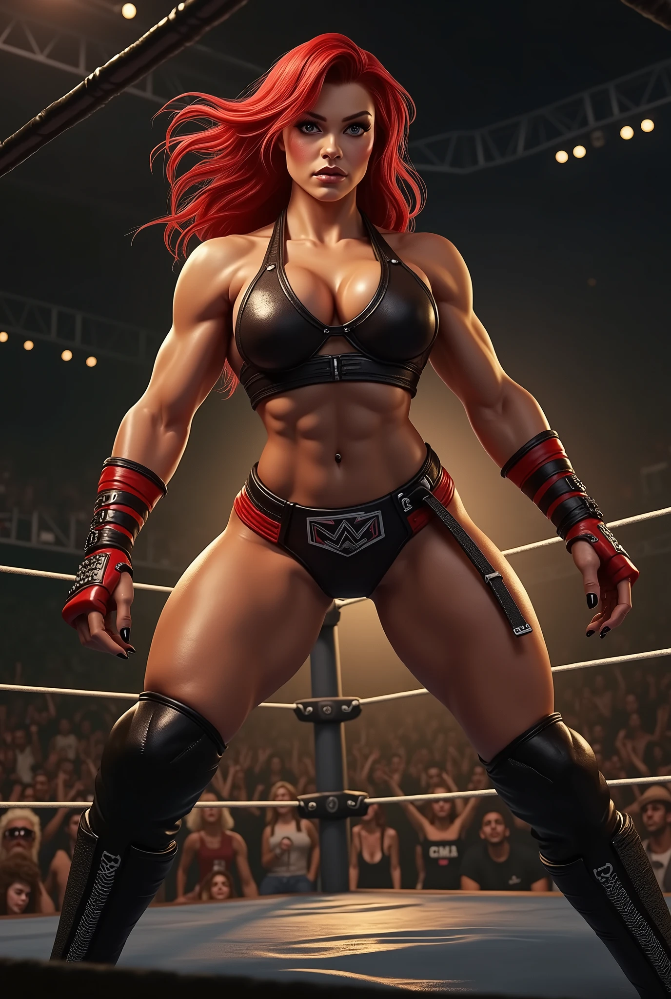 A female wrestler with red hair and fair complexion, in a wrestling ring, (best quality,4k,8k,highres,masterpiece:1.2),ultra-detailed,(realistic,photorealistic,photo-realistic:1.37),extremely detailed eyes and face,longeyelashes,muscular body,athletic,dynamic pose,sweat,wrestling outfit,wrestling ring,ropes,spectators,dramatic lighting,vibrant colors