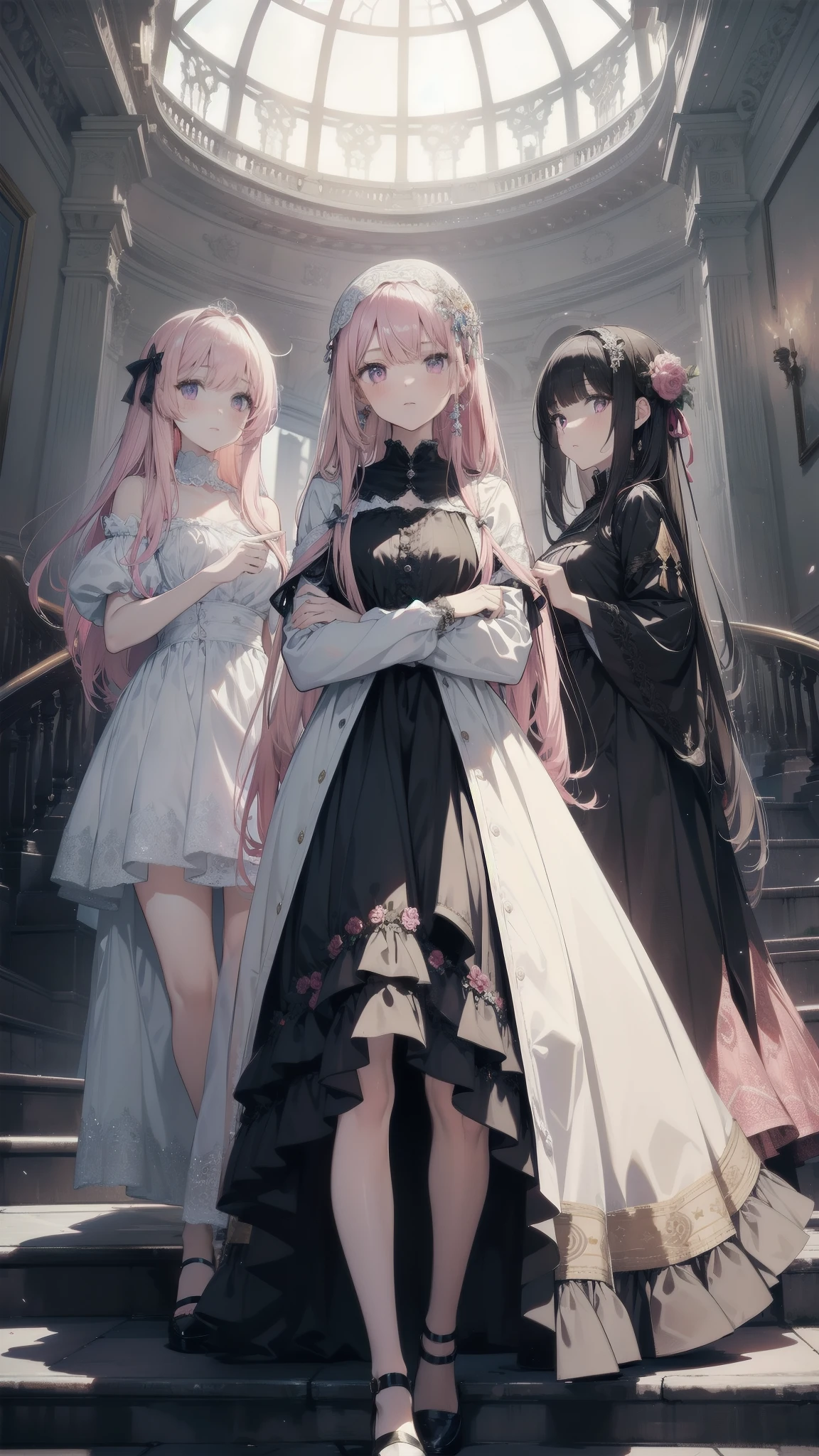 Masterpiece Top Quality

Three Girls Adorned in Delicate Dresses, their Faces Reflecting Fear and Anxiety, Akin to the Squid Game Characters

1. With Straight Long Hair, their Eyes Wide and Full of Trepidation, Pale as the Moon
2. A Young Adolescent, possibly , resembling Chiquita
3. A Matured Girl, perhaps , exuding an Alluring Gaze

The girls stand at the foot of a grand staircase, their eyes fixed on the Shiny Pink World above, a Dreamland, adorned with Ribbons