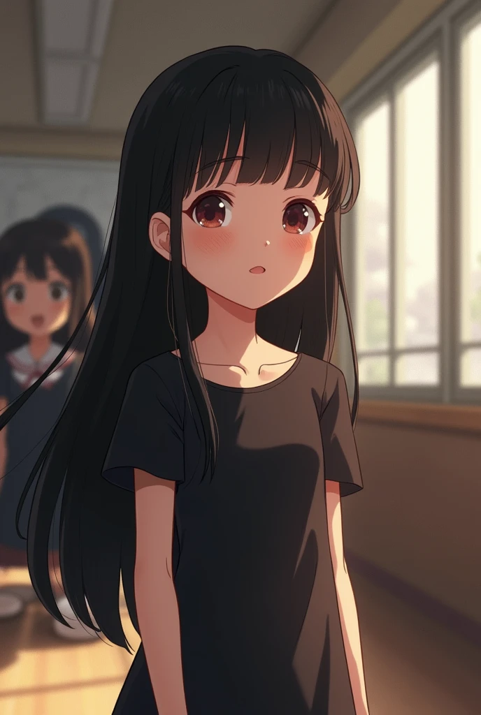Her face shape is a bit circular and she watching at me with love feeling , her hair is long and black and she is wearing black one piece dress she is standing with a pose of being shy towards me and background has a normal school the girls is white in skin color. Now generate the image she is 16 years