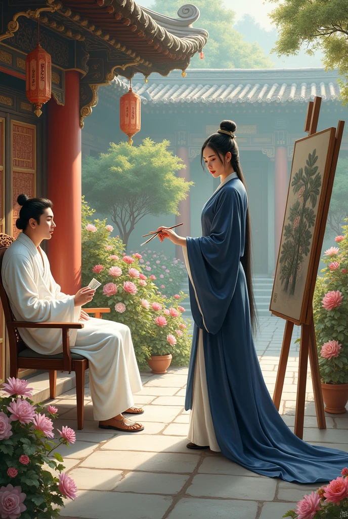 A beautiful young woman with a fierce expression, dressed in a dark blue and white dress of a Han Fu Dynasty official, stands and paints a picture in a wooden courtyard in a garden surrounded by various flowers. Inside the spacious area, a young man dressed in white lies on a reclining chair next to her. The atmosphere of the palace is decorated with luxurious patterns according to the era of the great dynasty.