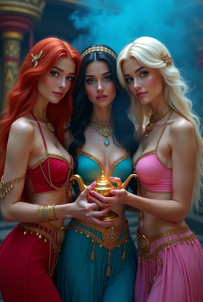 ultra realistic, photography, three girls: one with long straight red hair, (30 years old, hourglass figure, perfect body, natural medium breasts), the second one: long black straight hair, (30 years old, hourglass figure, perfect fit body, natural big breasts), the third one with long straight blonde hair, (wavy elegant hair, blue eyes, perfect round lips, 30 years old, gorgeous face, voluptuous figure, perfect fit body, big enhanced breasts), they have perfect round cleavage, great cleavage, original Princess jasmine costumes, oriental jewelry, oriental background, holding the magic lamp from aladdin, rubbing the magic lamp of aladdin, thick blue smoke is filling the background