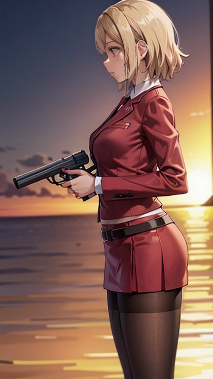 Highest quality、Ultra HD、One Woman、(Silver short hair 1.3)、(Red blazer 1.3)、(Red tie)、(shirt)、(Red Heel 1.1)、((Red Mini Tight Skirt))、((Black tights 1.2))、((1 Shooting a gun with both hands.5))、Stylish、Beautiful Faces、(Black belt 1.2)、2 female、Glamorous Body、(Sunset slum background 1.2)、((A clear and beautiful touch))