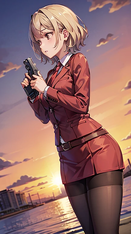 Highest quality、Ultra HD、One Woman、(Silver short hair 1.3)、(Red blazer 1.3)、(Red tie)、(shirt)、(Red Heel 1.1)、((Red Mini Tight Skirt))、((Black tights 1.2))、((1 Shooting a gun with both hands.5))、Stylish、Beautiful Faces、(Black belt 1.2)、2 female、Glamorous Body、(Sunset slum background 1.2)、((A clear and beautiful touch))