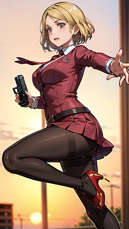 Highest quality、Ultra HD、One Woman、(Silver short hair 1.3)、(Red blazer 1.3)、(Red tie)、(shirt)、(Red Heel 1.1)、((Red Mini Tight Skirt))、((Black tights 1.2))、((1 Shooting a gun with both hands.5))、Stylish、Beautiful Faces、(Black belt 1.2)、2 female、Glamorous Body、(Sunset slum background 1.2)、((A clear and beautiful touch))