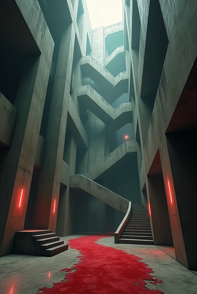 (photorealism:1.2), immense inside space, Escher,  unreal, labyrinth, concrete, sharp edges, liminal, dark, haunted, artificial ,old red  carpet, staircases, darkness, red lighting, mist