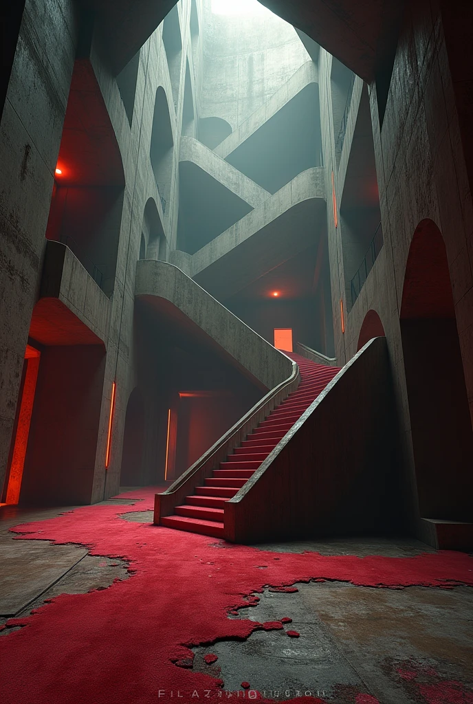 (photorealism:1.2), immense inside space, Escher, unreal, labyrinth, concrete, sharp edges, liminal, dark, haunted, artificial ,old red carpet, staircases, darkness, red lighting, mist