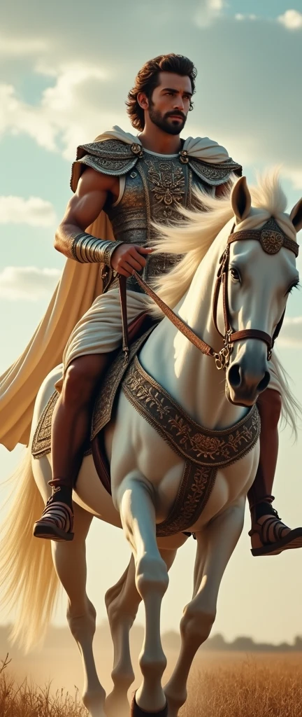 from right  move horse had , Ride White horse,  dynamic run horse, Front view , Full-body,  looking at viewer, sole, Great of king, Alexander , Empire of Greek, ,  White horse, gorgeous harness, hand grip Bridle, 30 years-old, handsome,( wave perm , brown hair , serious,),(diadem ,White head band Crown with jewel),  normal body,  ((An ancient Greek emperor wearing traditional imperial wear, body of leather armor and emboss of  Apron face , shoulder and arm protector  , White crock)), Gorgeous sandal, noon　,(Textured skin , HI Detail Skin, (Shorthand, Canon, 8k, Anatomically correct, Super Detail, Attention to detail, Your Highness)