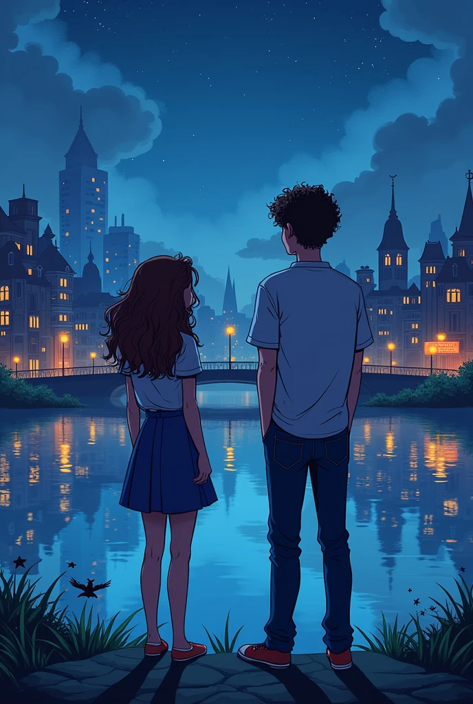 I need a background for the cover of a story (do not put the title) that is in the Habbo game model, with a city with a lake at night. Put two characters, a woman and a man Place the man with approximately 1,70 and the woman with 1,50 A man should have short curly hair and a woman should have long wavy hair