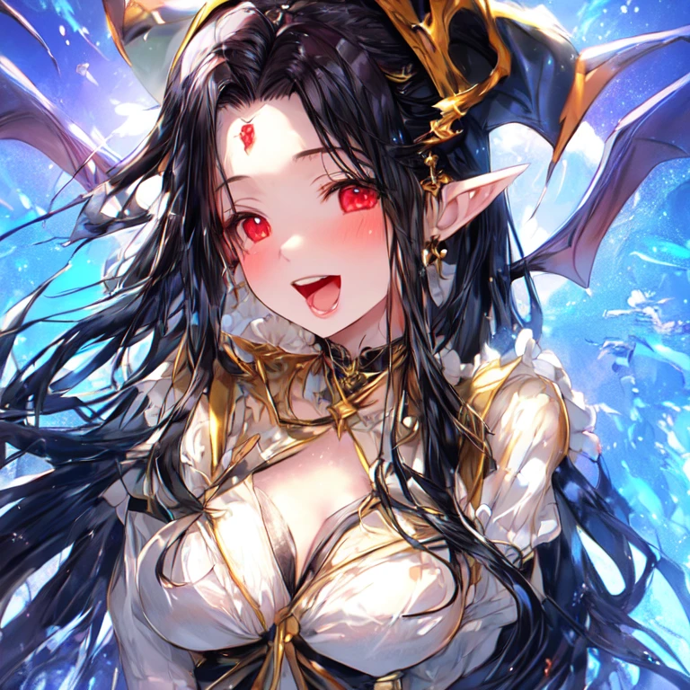 Beautiful  vampire with long black hair, and red eyes, big breasts,  uhd, textured skin, super detail, high details, high quality,
