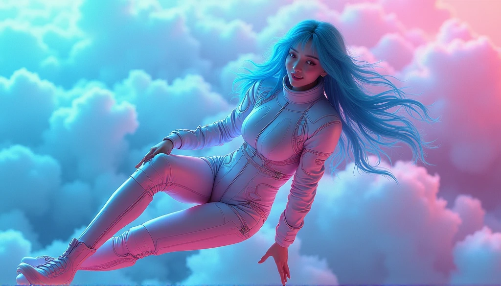 
Hyper rialistic photography, Japanese 1 girl,stunning cyberpunk girl, very lovely, above the sky, floating Blue long hair, smile face, floating pose, vibrant neon colors spacesuit, wear a helmet