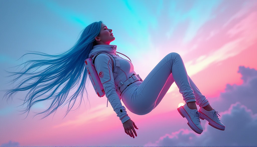 
Hyper rialistic photography, Japanese 1 girl,stunning cyberpunk girl, very lovely, above the sky, floating Blue long hair, smile face, floating pose, vibrant neon colors spacesuit, wear a helmet