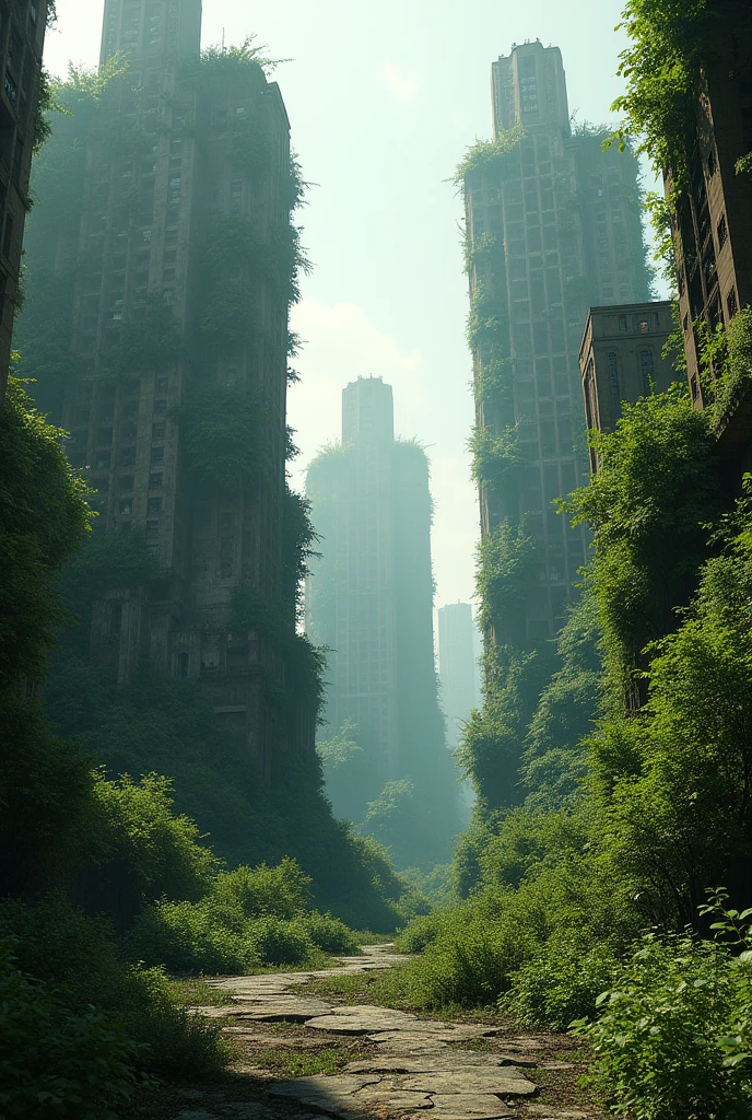 An abandoned city consumed by nature