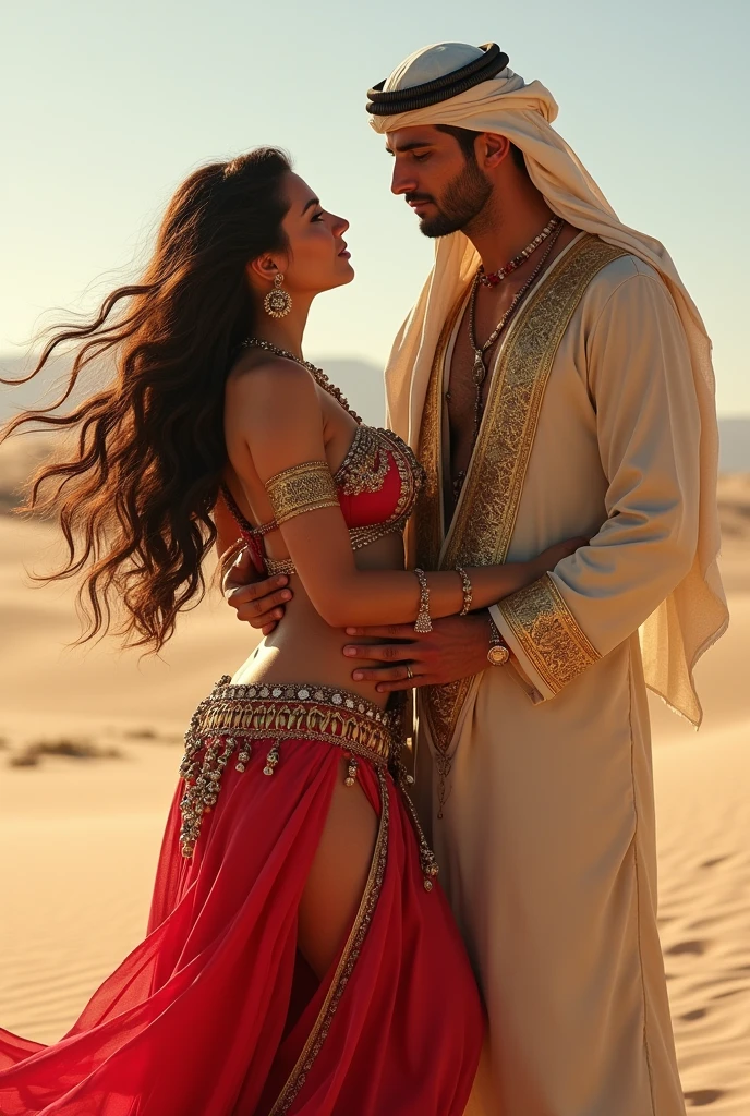 an arabian man, handsome, open chested, athletic, his hands holding the buttocks of the woman in front of him