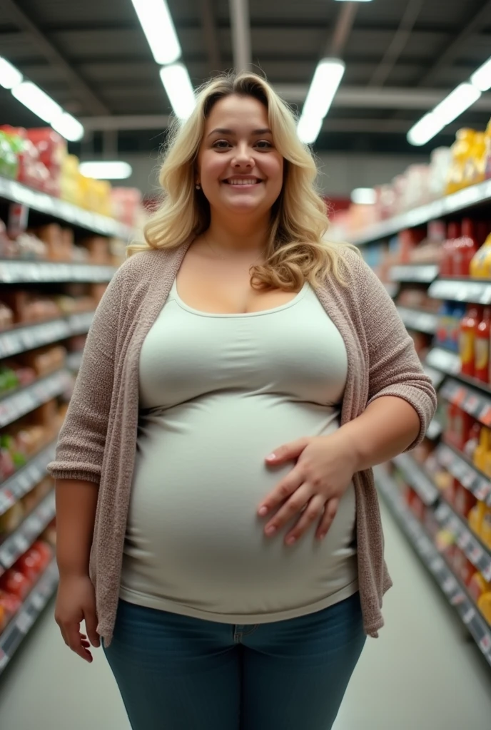 Your POV view while in front of you is shopping with your plus size stepmother with blonde hair who is pregnant with her big belly at a supermarket.. fisheye camera view, iphone camera style. HD, realface, cinematic