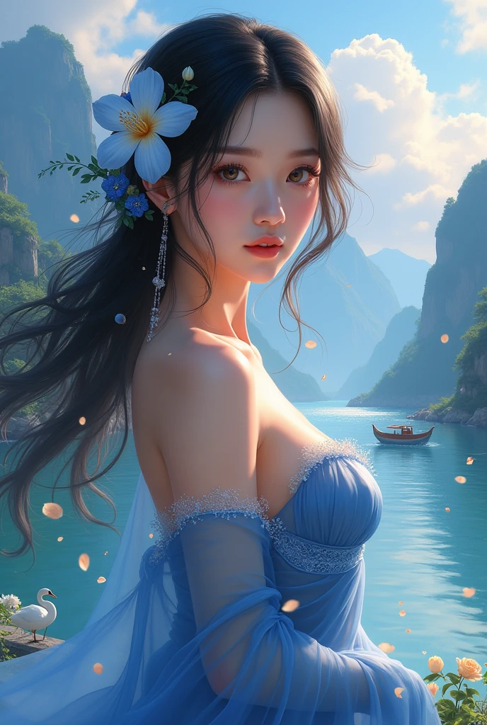 a beautiful young woman in a blue dress, a hyperrealistic painting, fantasy art, closeup fantasy with water magic, water manipulation