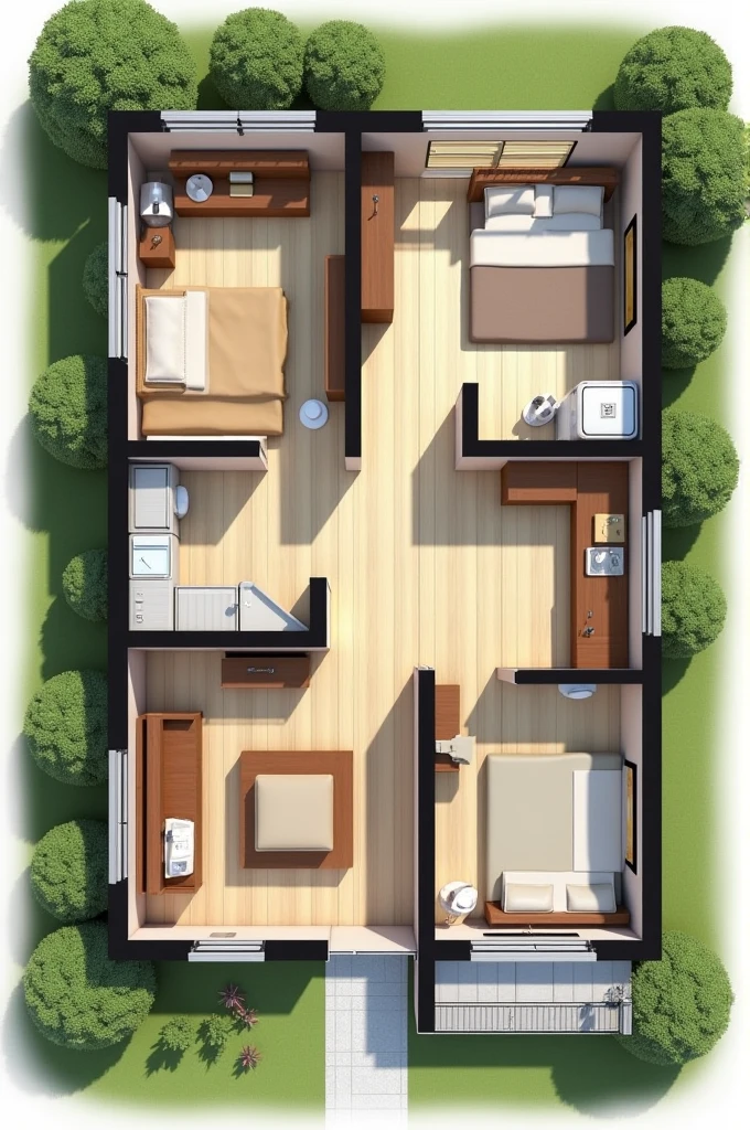 A small house layout (100 sq m)
A verandah
2 bedrooms with 2 attached bathrooms
A Hall with living room and small kitchen