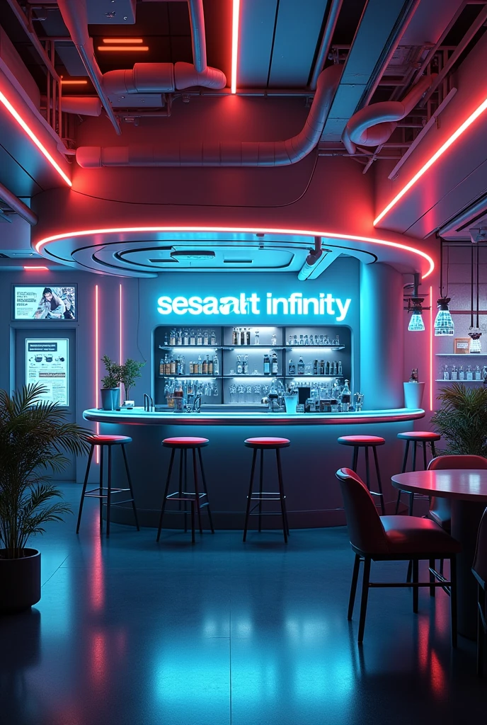Photographic grade，Movie quality，CG Wallpaper，An interior view of a cyber bar with a strong atmosphere，Store name displayed on bar counter"SeaArt Infinity"