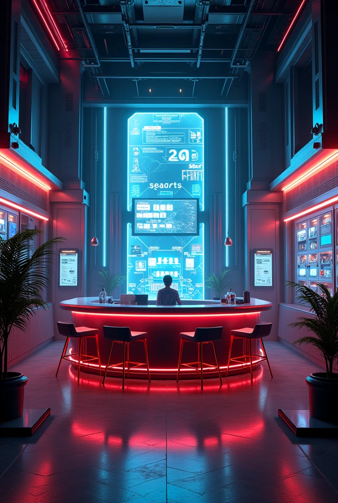 Photographic grade,Movie quality,CG Wallpaper,An interior view of a cyber bar with a strong atmosphere,Store name displayed on bar counter"SeaArt Infinity"