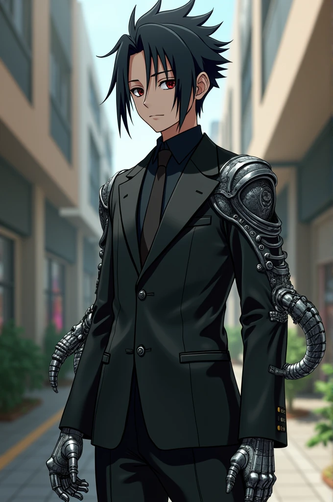 A boy in the Naruto universe from the Hyuga clan with a single naruto that has a metal hand, two metal snakes and a black suit