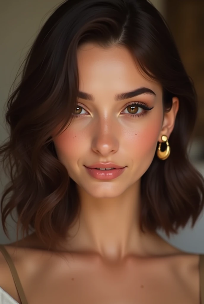 Créer l'image d'une jeune femme avec un visage légèrement plus provocateur et espiègle. Elle a des cheveux bruns, coupés au carré avec une raie au milieu, tombant légèrement au niveau des épaules. Sa peau est légèrement bronzée, douce et sans imperfections visibles. Ses yeux sont de couleur marron clair, avec une lueur brillante qui dégage une touche de malice. Ses sourcils sont bien définis et légèrement arqués, ajoutant à son expression une allure plus coquine. Elle a des lèvres pleines, légèrement pulpeuses, avec un sourire subtil et séduisant qui accentue l'aspect coquin que l'on recherche. Sa mâchoire est bien définie, avec des pommettes légèrement saillantes, ce qui ajoute une dimension de confiance à son expression faciale. Elle porte des boucles d'oreilles en or, qui ressortent contre ses cheveux sombres. Le tout doit dégager une allure à la fois élégante et légèrement provocatrice, avec une attitude sensuelle.