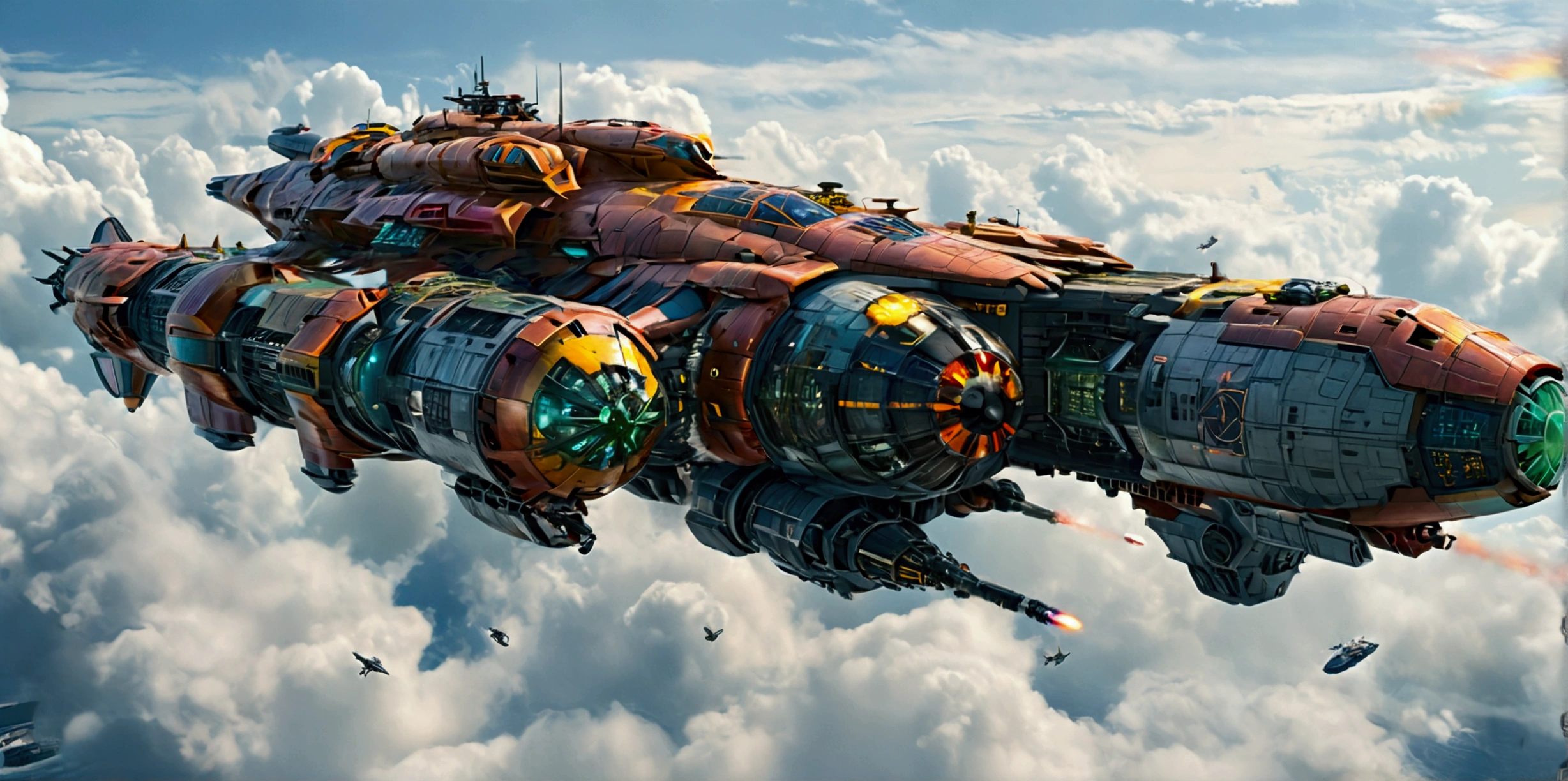 (best quality,ultra-detailed,realistic:1.37), A long wide giant heavily armored divine futuristic flying biomechanical space battleship covered in rainbow batik pattern and glowing javanese runic symbols, (multiple retractable cybernetic spider legs with wheels on the tips), divine halo, flying hovercraft, flying submarine, flying aircraft carrier, flying hotel, flying resort, flying city, flying skyscraper, flying cruise ship, flying yacht, flying castle, flying military base, multiple thrusters, multiple helipad, multiple propeller, mobile headquarters, mobile command center, automatic turrets, missile banks, missile defense system, multi-port rear engine arrays, large pivoted missile pods, anti-air batteries, reactive armour over vital spaces, VTOL thrusters, ventral ground-facing VTOL thruster bays, retractable center cannon, super carrier, sky carrier, space station, floating city, floating castle, white background