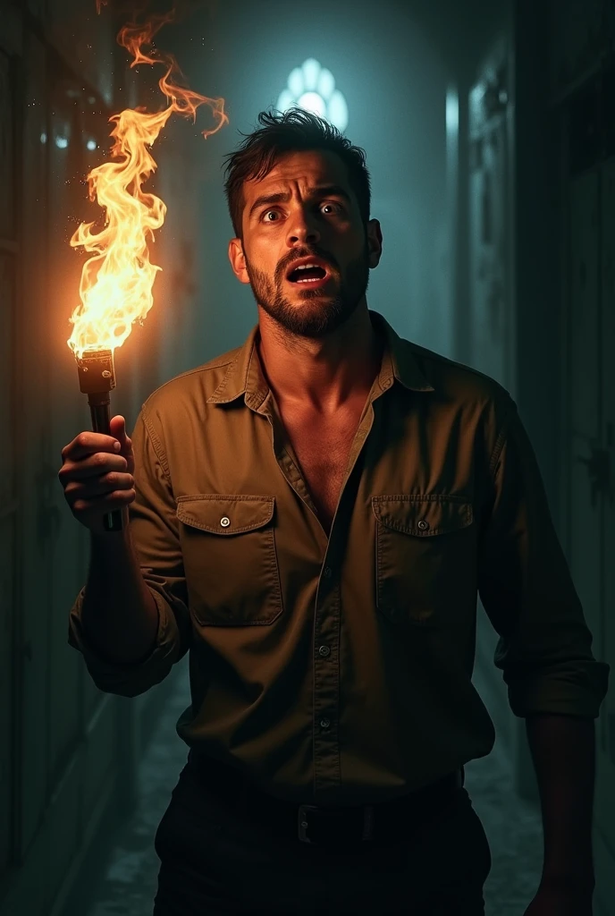 scared man is holding a torch photo horro vibe