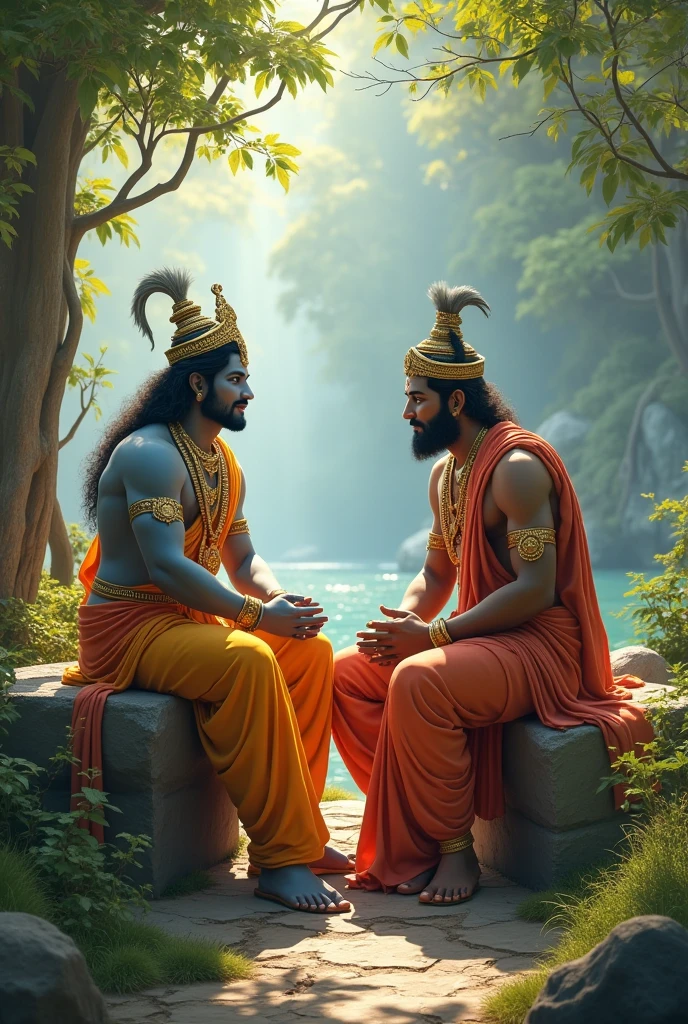 Ram & laxman sited on stone with hanuman beside without beard