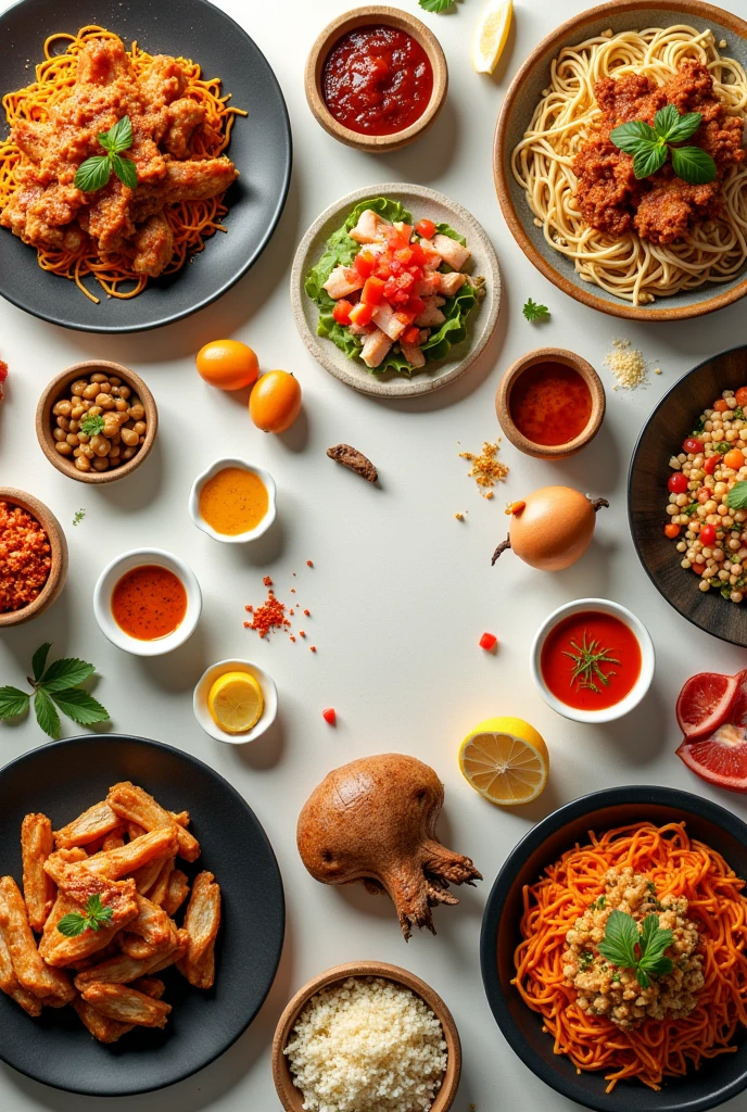 create a banner with several real food dishes typical of different countries around the world, especially from Asia and America
