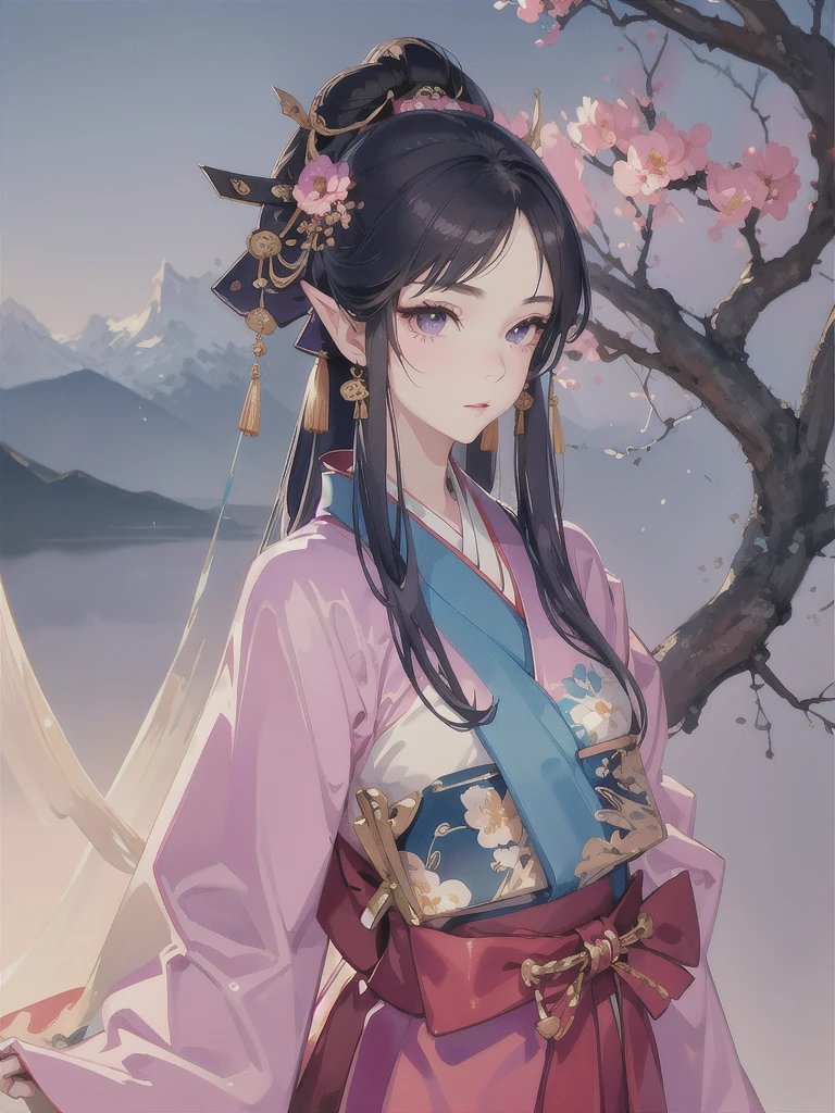 masterpiece, best quality, 1girl, ultra detailed, ultra high resolution, cute girl, well-defined facial features, long pointy ears, elf, nice face,black hair, puple eyes, HD, kimono, hakama, impressionism