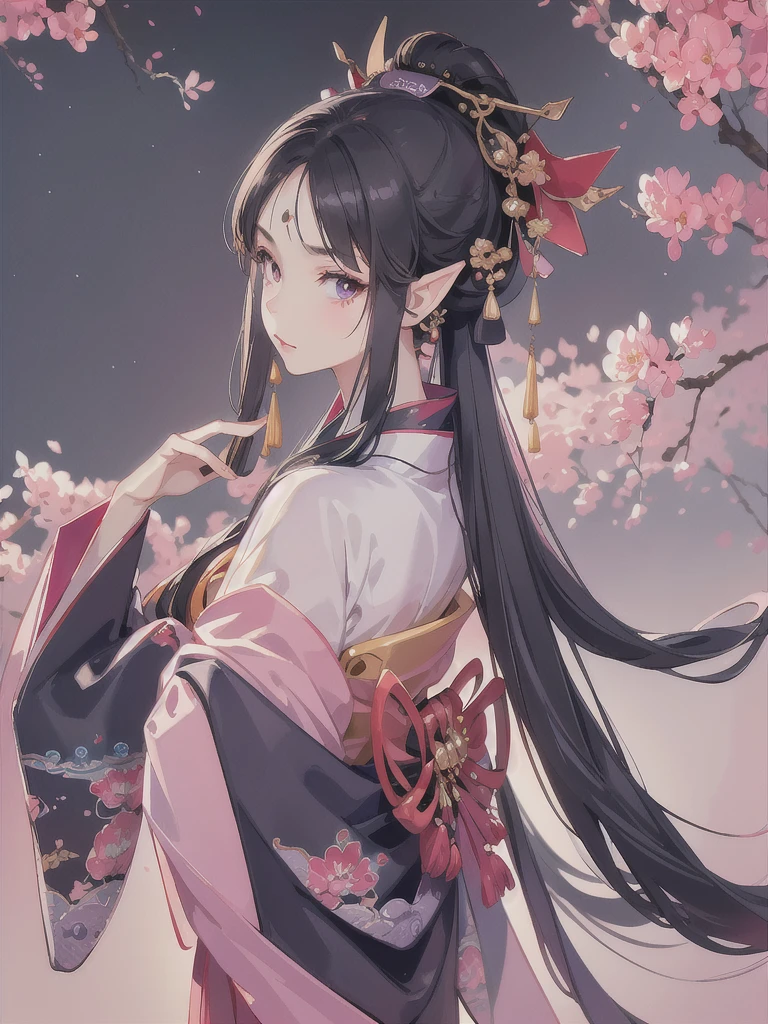 masterpiece, best quality, 1girl, ultra detailed, ultra high resolution, cute girl, well-defined facial features, long pointy ears, elf, nice face,black hair, puple eyes, HD, kimono, hakama, impressionism