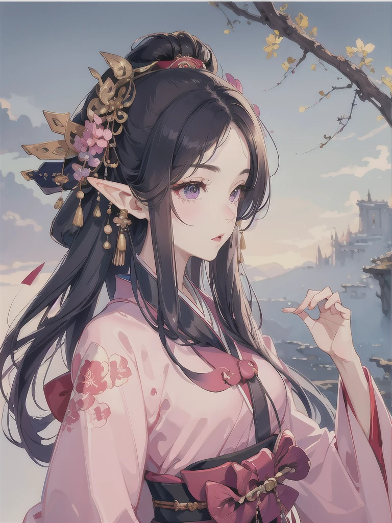 masterpiece, best quality, 1girl, ultra detailed, ultra high resolution, cute girl, well-defined facial features, long pointy ears, elf, nice face,black hair, puple eyes, HD, kimono, hakama, impressionism