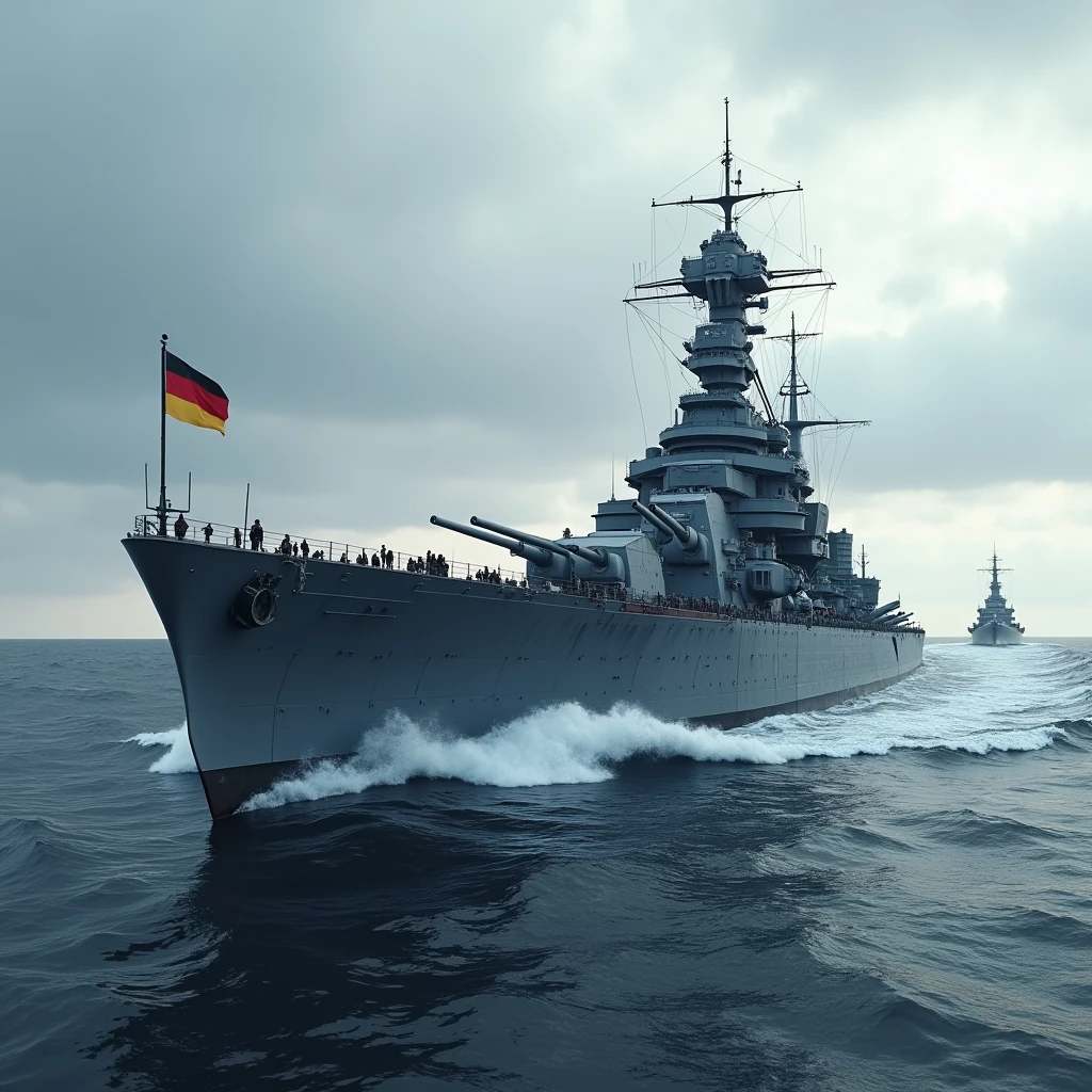 (Photorealism: 1.2), Battleship, Second World War, 18000 Tons Weight, German Flag, Atlantic Ocean, Escort Destroyers.