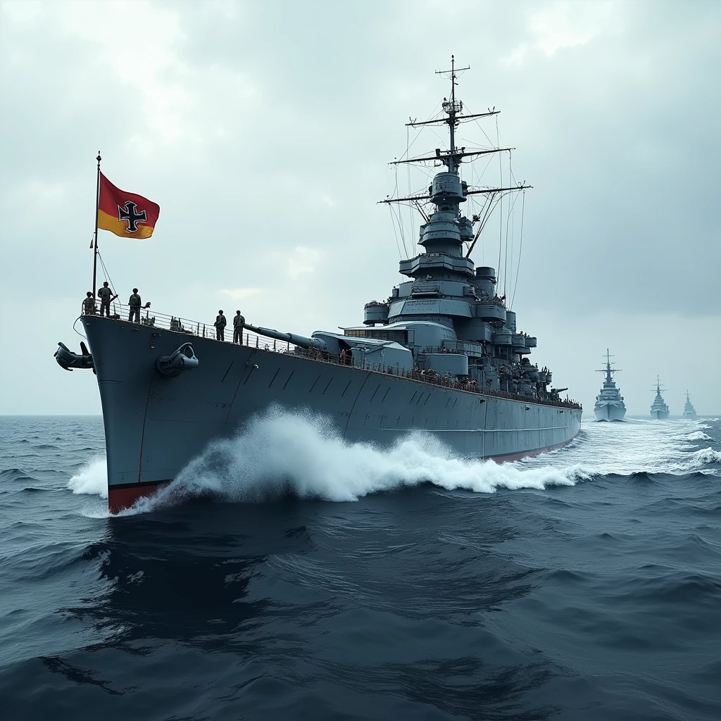 (Photorealism: 1.2), Battleship, Second World War, 18000 Tons Weight, German Flag, Atlantic Ocean, Escort Destroyers.