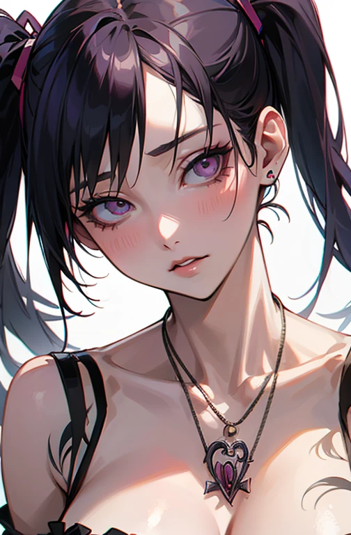 Cool women、sexy、Center of chest、Rize from Chainsaw Man、beauty、Yandere、、Face close-up、Kiss with your eyes closed、Chest tattoo、Christian Dior Necklace、(Background white)、(Twin tails)、