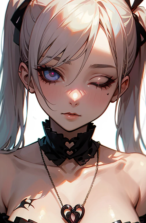 Cool women、sexy、Center of chest、Rize from Chainsaw Man、beauty、Yandere、、Face close-up、Kiss with your eyes closed、Chest tattoo、Christian Dior Necklace、(Background white)、(Twin tails)、