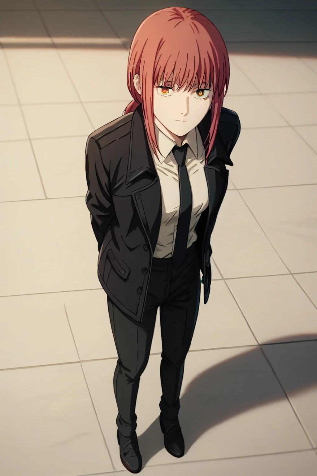 1girl in full growth, best quality, masterpiece, ultra-detailed, high quality,good quality,1 girl,(master piece,high resolution, ultra detailed,8K,16K),look at viewer 1girl,mak1ma0,red hair,long hair,ringed eyes,blackjacket,white collared shirt,black necktie,black pants,score_9, score_8_up, score_7_up, score_6_up, score_5_up, score_4_up,